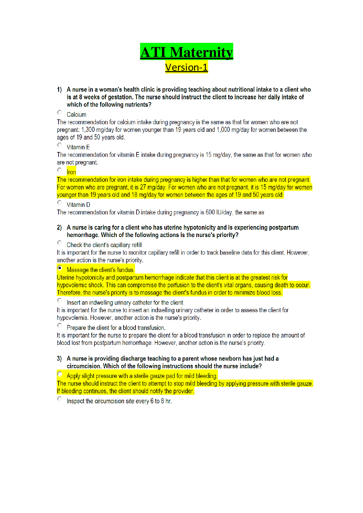 Preview image for ATI Maternity Proctored Exam | 3 Premium Versions. Version 1 Pg 1, Version 2 Pg 30, Version 3 Pg 37.